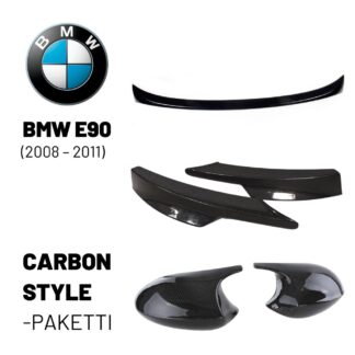 BMW E90 M-sport Carbon-style etupuskurin kulmasplitterit BMW E90 M-performance look Aero takaspoileri (carbon) BMW E90 M-Look peilinkuoret (carbon)