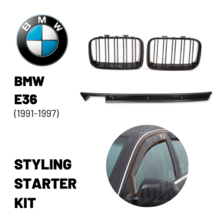 BMW E36 Tuning Starter Kit. Paketti sisältää munuaiset, takadiffuusorin ja etuikkunoiden tuuliohjaimet