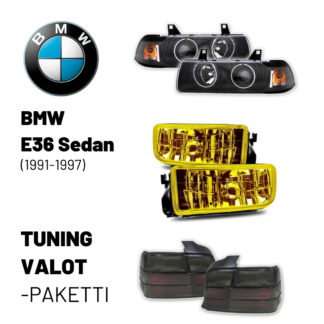 E36 bemariin tuning valopaketti, sumuvalot, angel eys valot, sekä tummat takavalot.