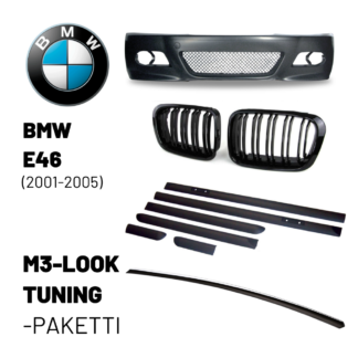 E46 M3-Look tuning paketti sisältää bemariin munuaiset, kylkilistat, etupuskurin ja takaspoilerin